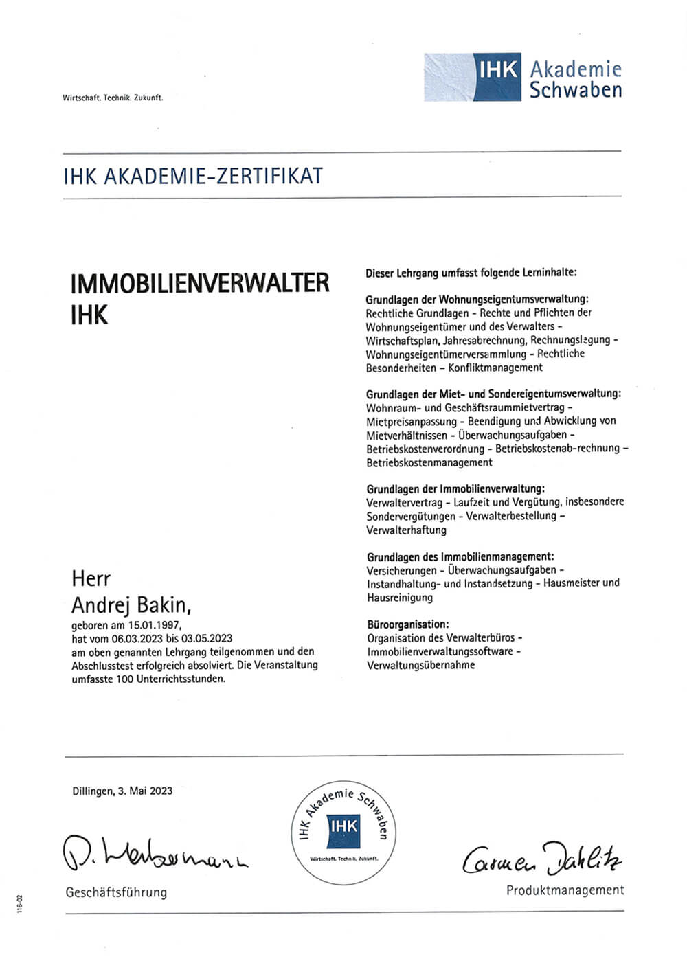 IHK-Akademie-Zertifikat: Immobilienverwalter IHK, ausgestellt auf Andrej Bakin
